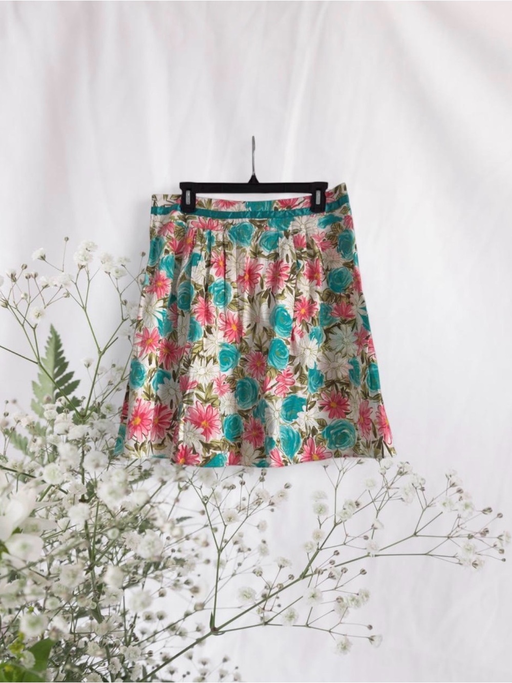 zinc Floral A-Line Skirt in Teal, Pink & Cream